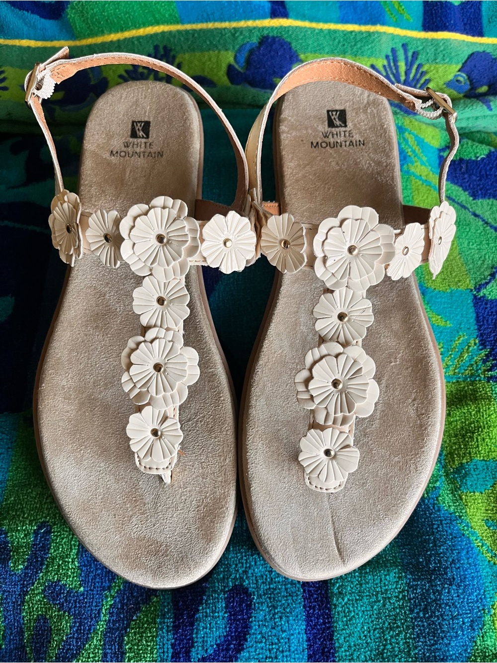 White Mountain Cream Floral T-Strap Sandals with Ankle Strap
